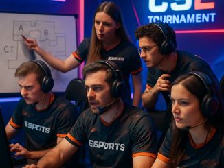 A team of five professional gamers engaged in a CS2 competition, showcasing their focus