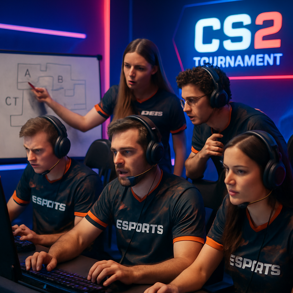 A team of five professional gamers engaged in a CS2 competition, showcasing their focus